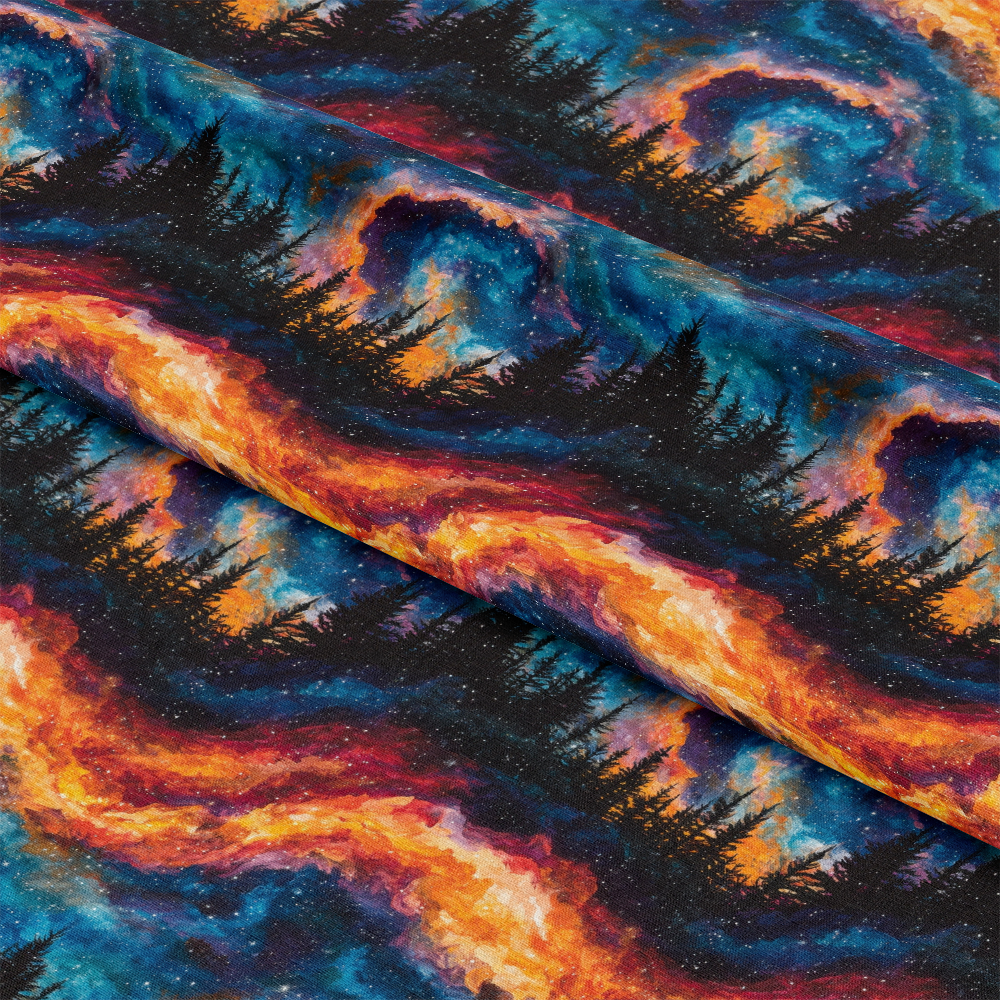 - Aurora Starry Night Sky Pattern 16 Quilting Cotton Fabric  
- celestial design  
- night sky inspiration  
- dark blue, orange, black colors  
- silhouette of pine trees  
- cotton textile  
- quilting material  
- vibrant multicolor fabric  
- soft texture  
- premium quilting cotton