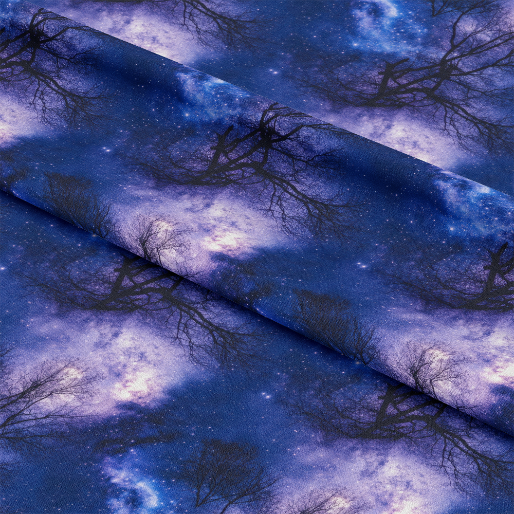 Aurora Starry Night Sky Pattern 1 Quilting Cotton Fabric, quilting, cotton, fabric, night sky, starry, celestial, dark blue, purple, black, tree silhouettes, cosmic, galaxy, premium cotton, textile, yardage, soft, vibrant colors, USA made, traditional print, environmentally friendly