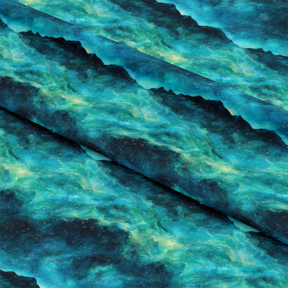 Aurora Starry Night Sky Pattern 21 Quilting Cotton Fabric, blue, teal, green, black, cosmic, celestial, night, stars, galaxy, nebula, quilting, cotton, textile, material, fabric yardage, soft, vibrant colors, premium quality, printed in USA