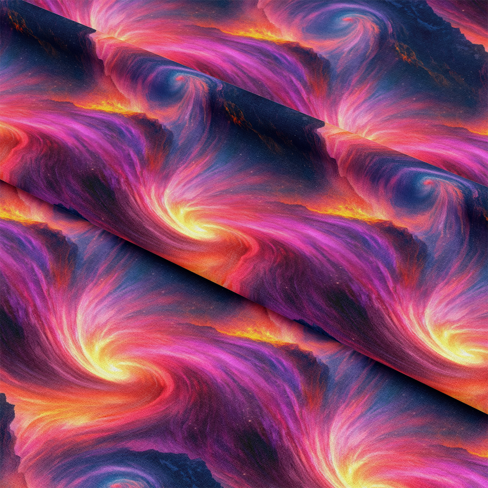 Aurora Starry Night Sky Pattern 23 Quilting Cotton Fabric with vibrant swirling colors, deep navy, bright pink, fiery orange, purple hues, celestial design, premium cotton textile, quilting material, artistic cosmic pattern, soft fabric, starry night inspired print, decorative quilting cloth, colorful cotton fabric