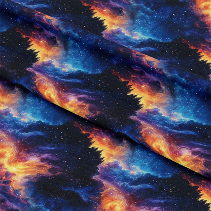 Aurora Starry Night Sky Pattern 25 Quilting Cotton Fabric featuring celestial design, vibrant colors, navy blue, orange, black, cosmic theme, night sky print, quilting cotton textile, premium fabric, star pattern, fabric yardage, artistic cotton fabric.