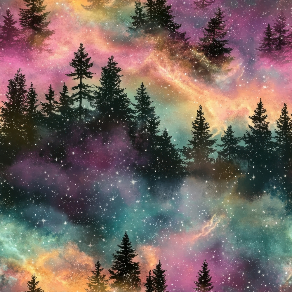 Silhouetted trees stand against a colorful, nebulous sky filled with galaxy-like clouds and stars.