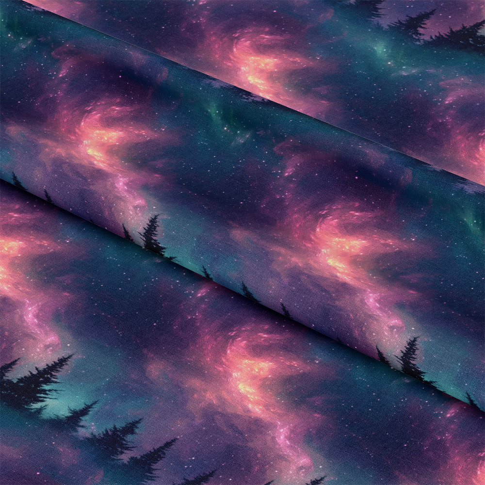 - Aurora Starry Night Sky Pattern 28 Quilting Cotton Fabric  
- Night sky  
- Stars  
- Aurora lights  
- Dark blue  
- Purple  
- Pink  
- Green  
- Trees silhouette  
- Quilting  
- Cotton  
- Fabric  
- Galaxy  
- Celestial