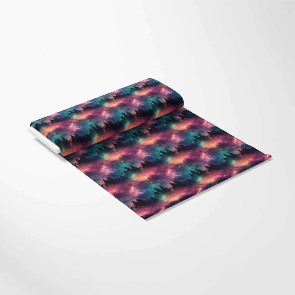 Aurora Starry Night Sky Pattern 29 Quilting Cotton Fabric, quilting, cotton, fabric, night sky, starry, aurora, colorful, purple, pink, teal, tree silhouette, forest, celestial, premium, yardage, soft, vibrant, traditional printing, USA made, continuous length