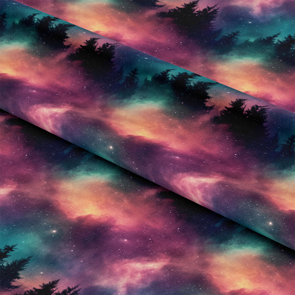 Aurora Starry Night Sky Pattern 29 Quilting Cotton Fabric, premium quilting fabric, cotton textile, starry night design, multicolor galaxy print, celestial theme, vibrant colors, soft cotton material, cosmic pattern, fabric yardage for quilting projects, artistic night sky motif, deep purples, blues, oranges, black tree silhouettes, high-quality quilting cotton.