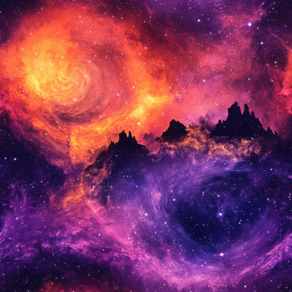 Colorful nebula with swirling orange, purple, and pink clouds and distant star formations.