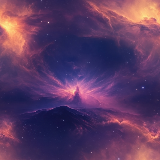 A vibrant cosmic scene displaying swirling purple and orange nebulae with numerous stars scattered across the dark space background.