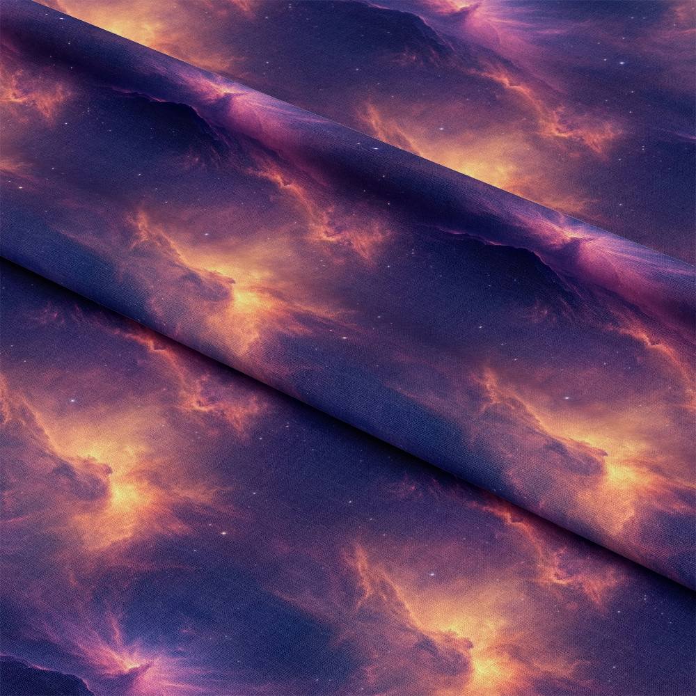 Aurora Starry Night Sky Pattern 31 Quilting Cotton Fabric showing vibrant cosmic design, deep blue, purple, orange hues, celestial theme, premium cotton textile, quilting material, night sky fabric, starry galaxy print, soft texture, American-made fabric, continuous yardage.