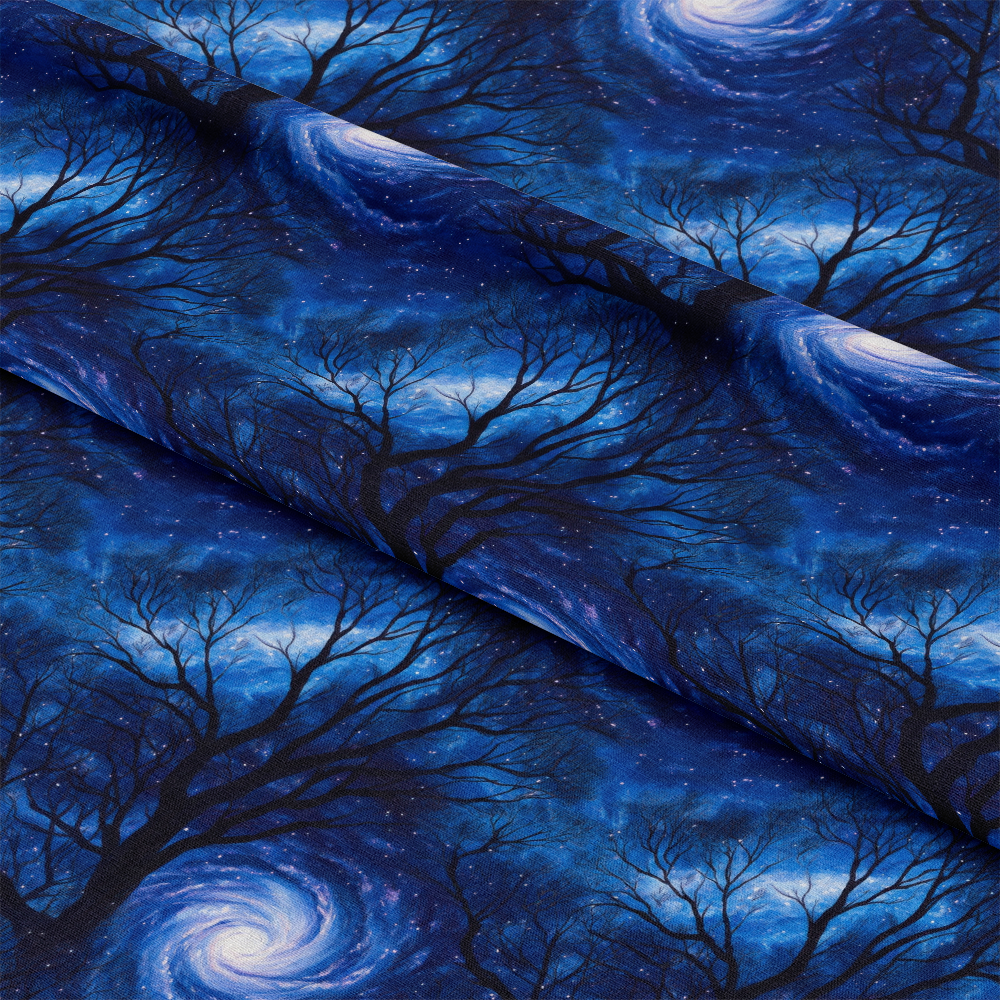 Aurora Starry Night Sky Pattern 32 Quilting Cotton Fabric with deep blue, navy, black colors, tree silhouettes, swirling galaxy design, night sky motif, textile, premium quilting cotton material, fabric yardage for sewing, craft cotton fabric, celestial pattern quilting fabric.
