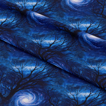 Aurora Starry Night Sky Pattern 32 Quilting Cotton Fabric with deep blue, navy, black colors, tree silhouettes, swirling galaxy design, night sky motif, textile, premium quilting cotton material, fabric yardage for sewing, craft cotton fabric, celestial pattern quilting fabric.