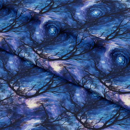 Aurora Starry Night Sky Pattern 3 Quilting Cotton Fabric, dark blue, navy, indigo, purple, swirling galaxy, starry sky, night sky, bare tree silhouettes, celestial, cosmic, quilting, cotton, fabric, textile, yardage, soft, printed fabric