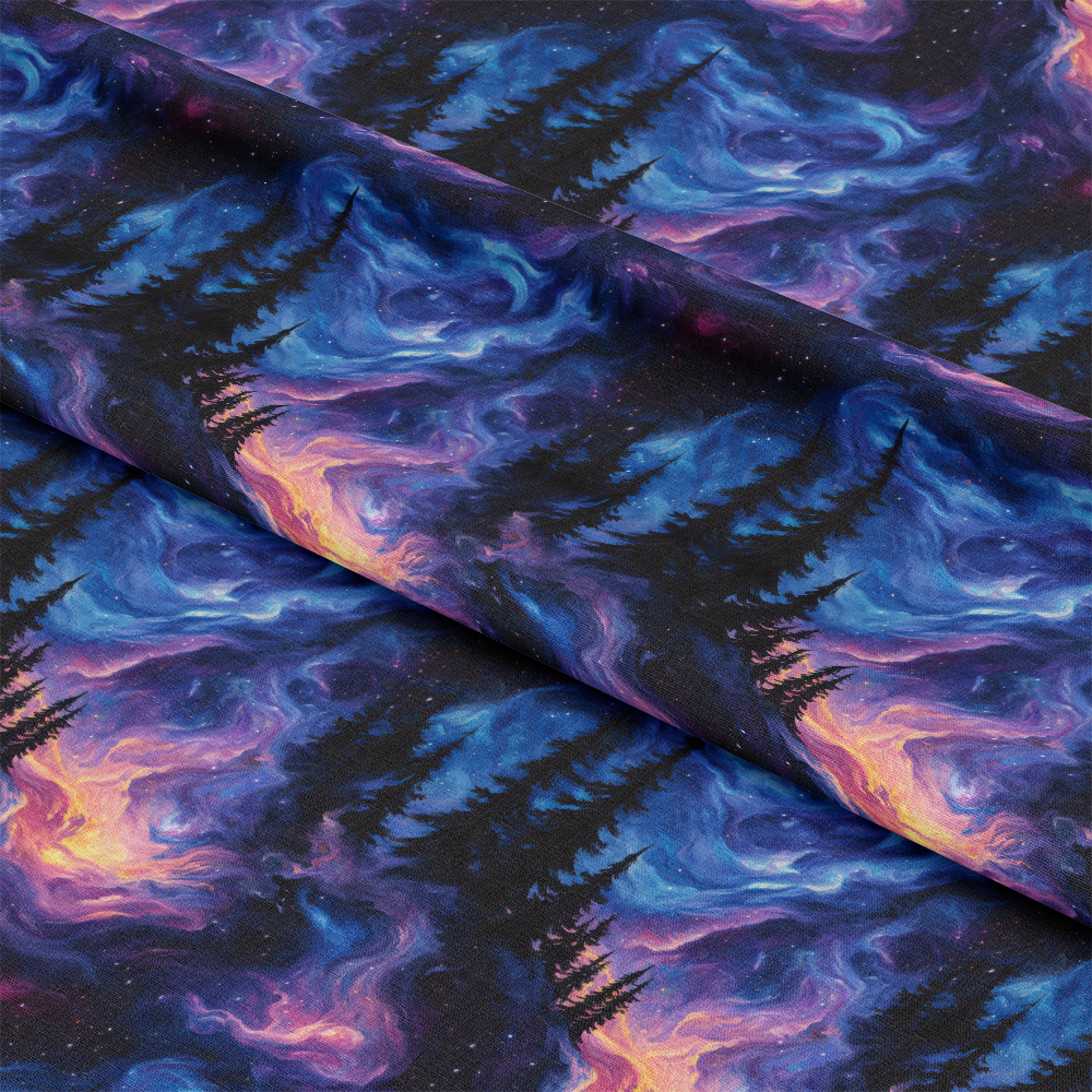 Aurora Starry Night Sky Pattern 5 Quilting Cotton Fabric, quilting cotton fabric, night sky, starry, celestial, dark blue, purple, black, orange, swirling clouds, pine tree silhouettes, vibrant colors, soft texture, cotton fabric, premium quilting textile, nature-inspired design, celestial pattern, fabric yardage.