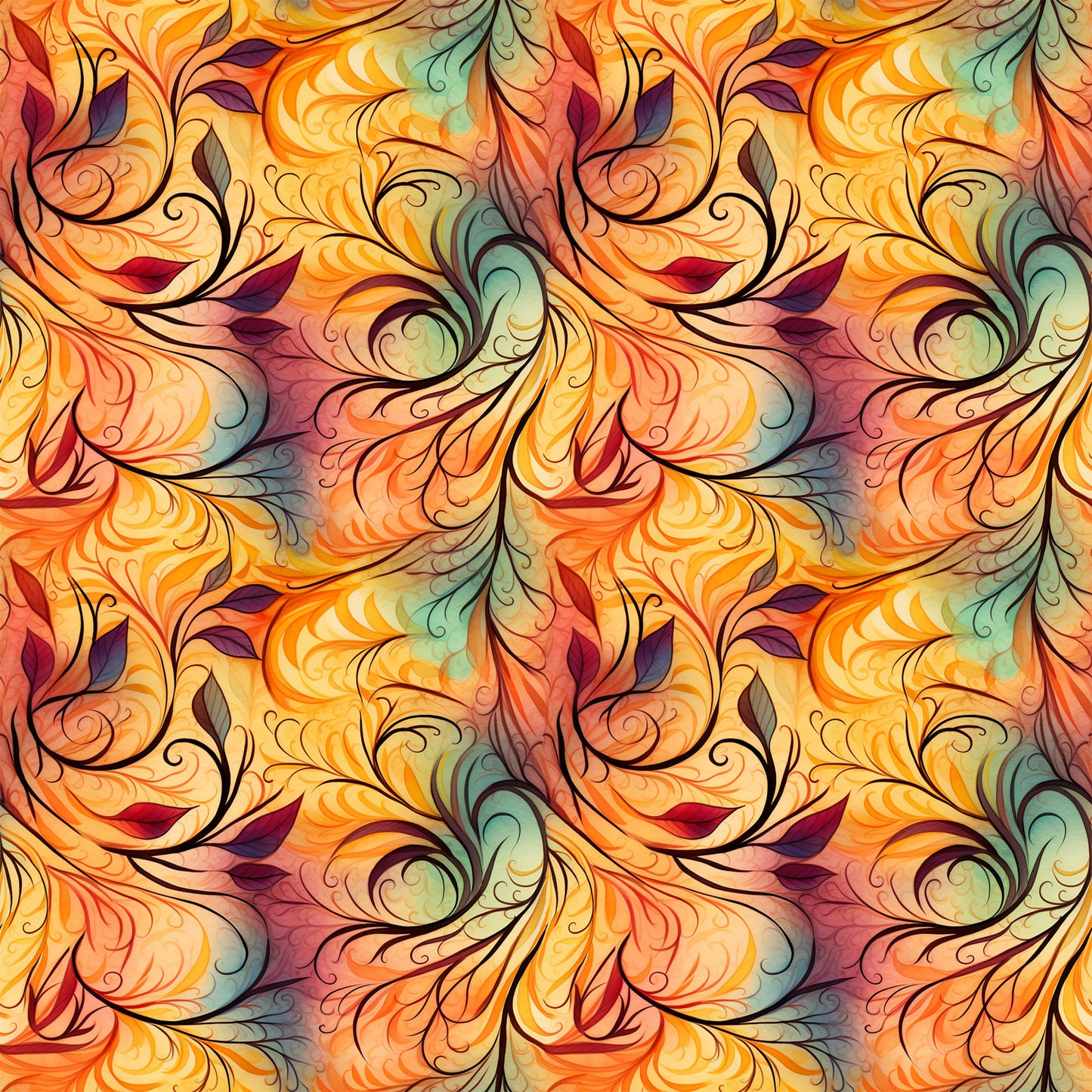 autumn swirls, orange, yellow, burgundy, teal, green, flowing pattern, ornate scrollwork, decorative flourishes, botanical motifs, leaf designs, warm colors, fall theme, quilting cotton, fabric panel, seamless repeat, organic curves, nature inspired, harvest colors, artistic swirls
