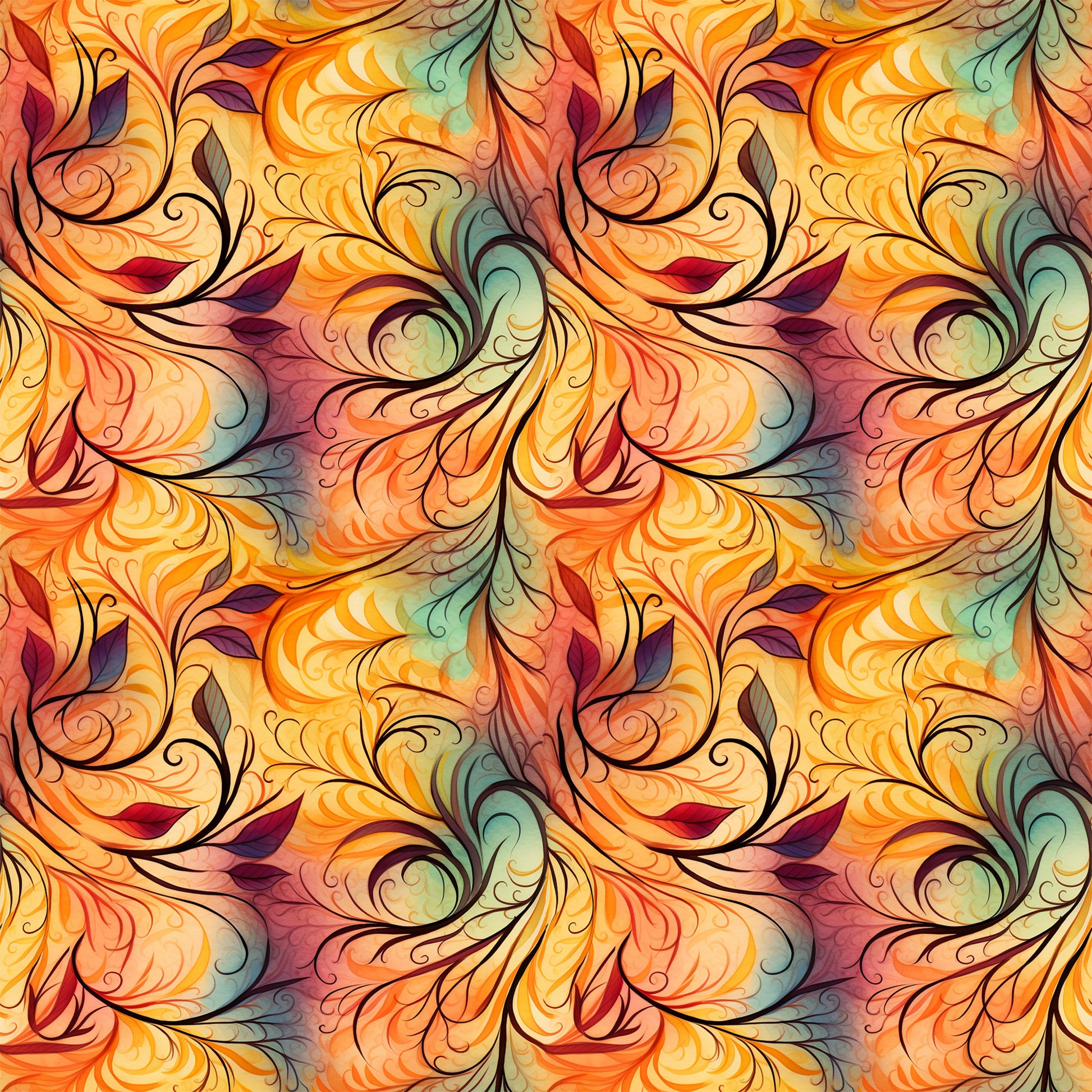 autumn swirls, orange, yellow, burgundy, teal, green, flowing pattern, ornate scrollwork, decorative flourishes, botanical motifs, leaf designs, warm colors, fall theme, quilting cotton, fabric panel, seamless repeat, organic curves, nature inspired, harvest colors, artistic swirls