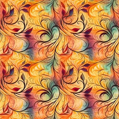 autumn swirls, orange, yellow, burgundy, teal, green, flowing pattern, ornate scrollwork, decorative flourishes, botanical motifs, leaf designs, warm colors, fall theme, quilting cotton, fabric panel, seamless repeat, organic curves, nature inspired, harvest colors, artistic swirls