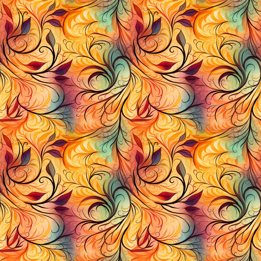 autumn swirls, orange, yellow, burgundy, teal, green, flowing pattern, ornate scrollwork, decorative flourishes, botanical motifs, leaf designs, warm colors, fall theme, quilting cotton, fabric panel, seamless repeat, organic curves, nature inspired, harvest colors, artistic swirls