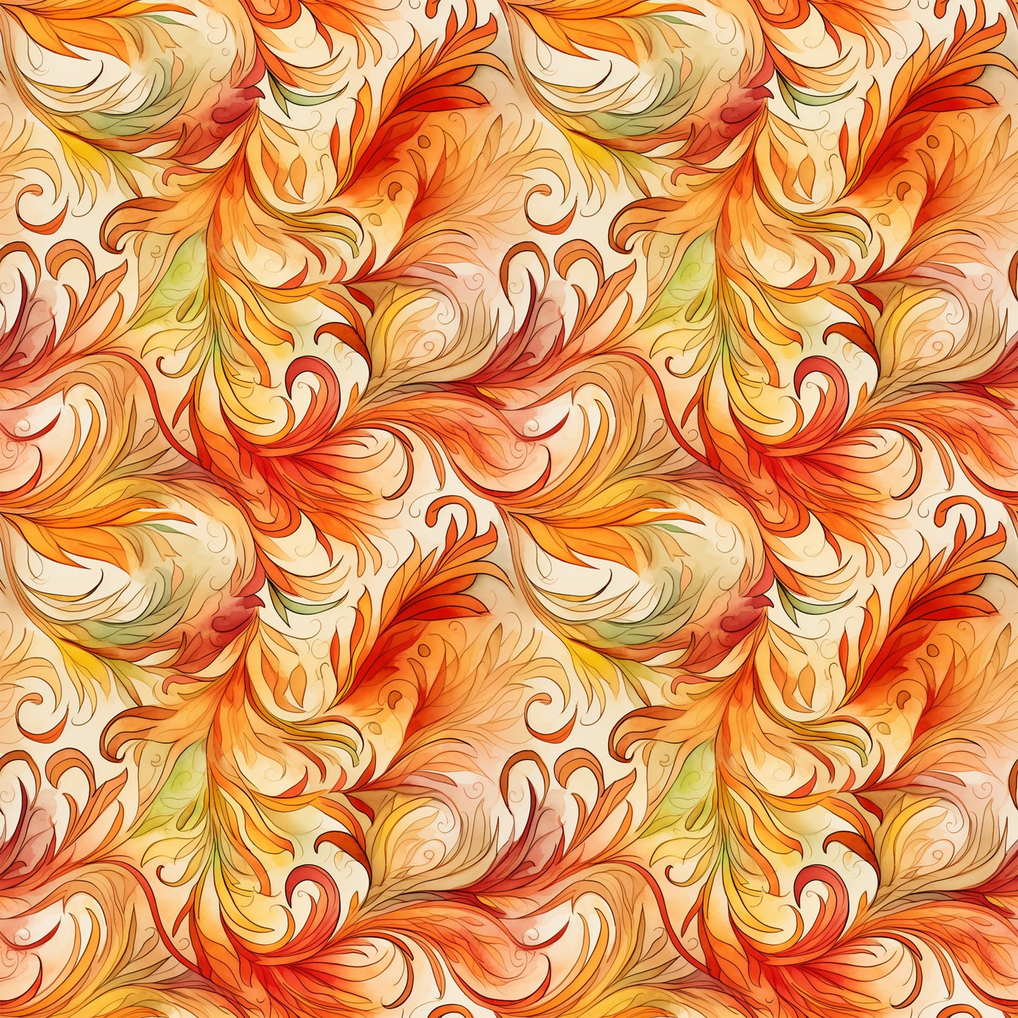 autumn swirls, orange, red, yellow, cream, golden, flowing patterns, decorative scrollwork, ornate flourishes, seamless repeat, quilting cotton, fabric panel, warm tones, fall colors, botanical motifs, elegant curves, artistic swirls, seasonal design, crafting material