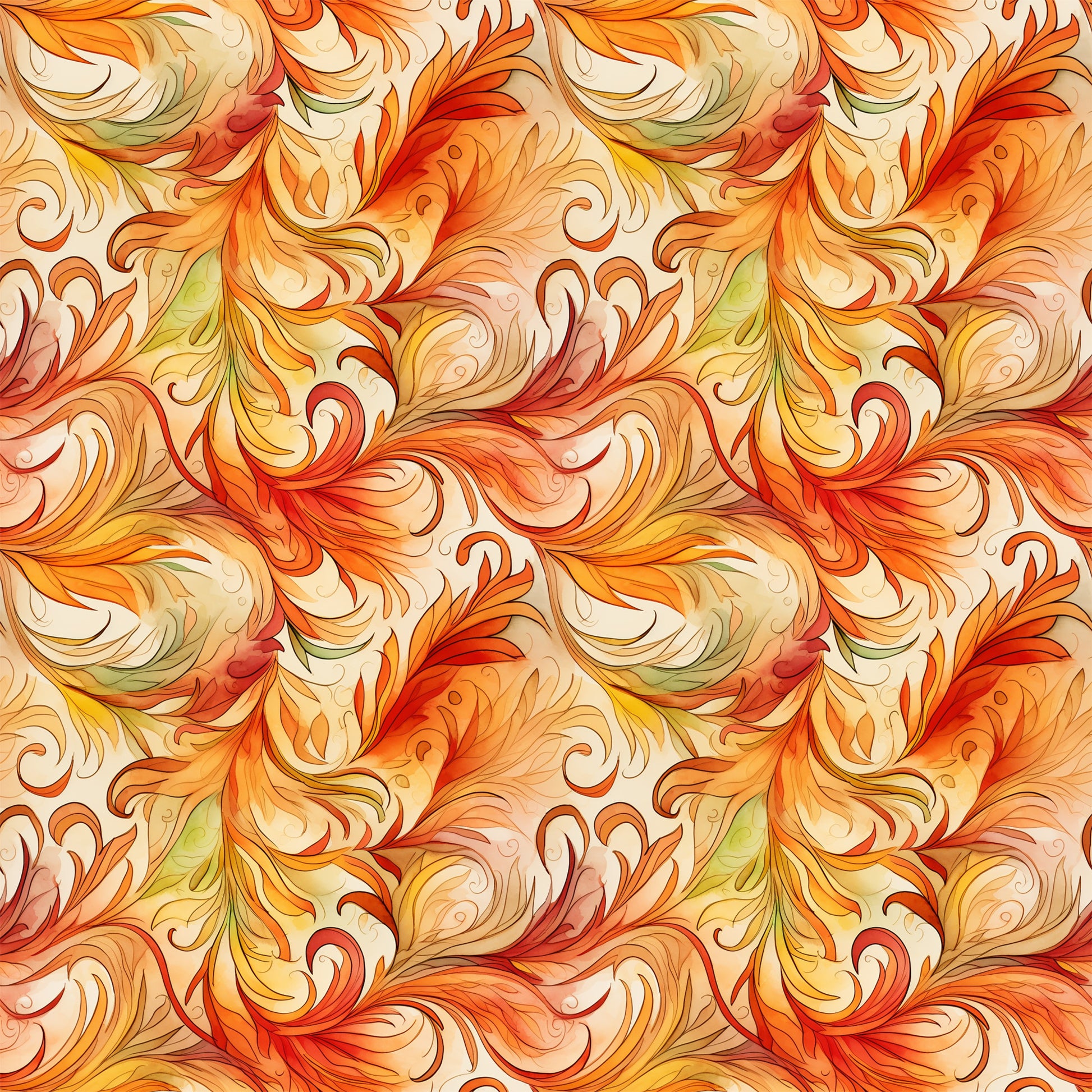 autumn swirls, orange, red, yellow, cream, golden, flowing patterns, decorative scrollwork, ornate flourishes, seamless repeat, quilting cotton, fabric panel, warm tones, fall colors, botanical motifs, elegant curves, artistic swirls, seasonal design, crafting material