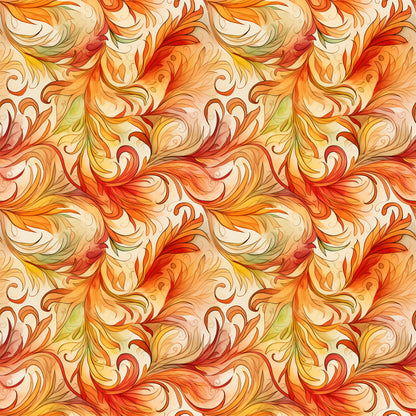 autumn swirls, orange, red, yellow, cream, golden, flowing patterns, decorative scrollwork, ornate flourishes, seamless repeat, quilting cotton, fabric panel, warm tones, fall colors, botanical motifs, elegant curves, artistic swirls, seasonal design, crafting material
