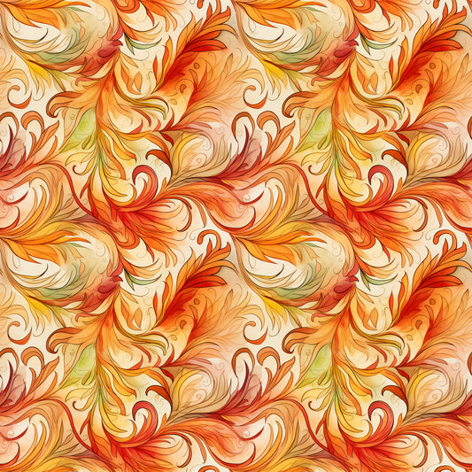 autumn swirls, orange, red, yellow, cream, golden, flowing patterns, decorative scrollwork, ornate flourishes, seamless repeat, quilting cotton, fabric panel, warm tones, fall colors, botanical motifs, elegant curves, artistic swirls, seasonal design, crafting material