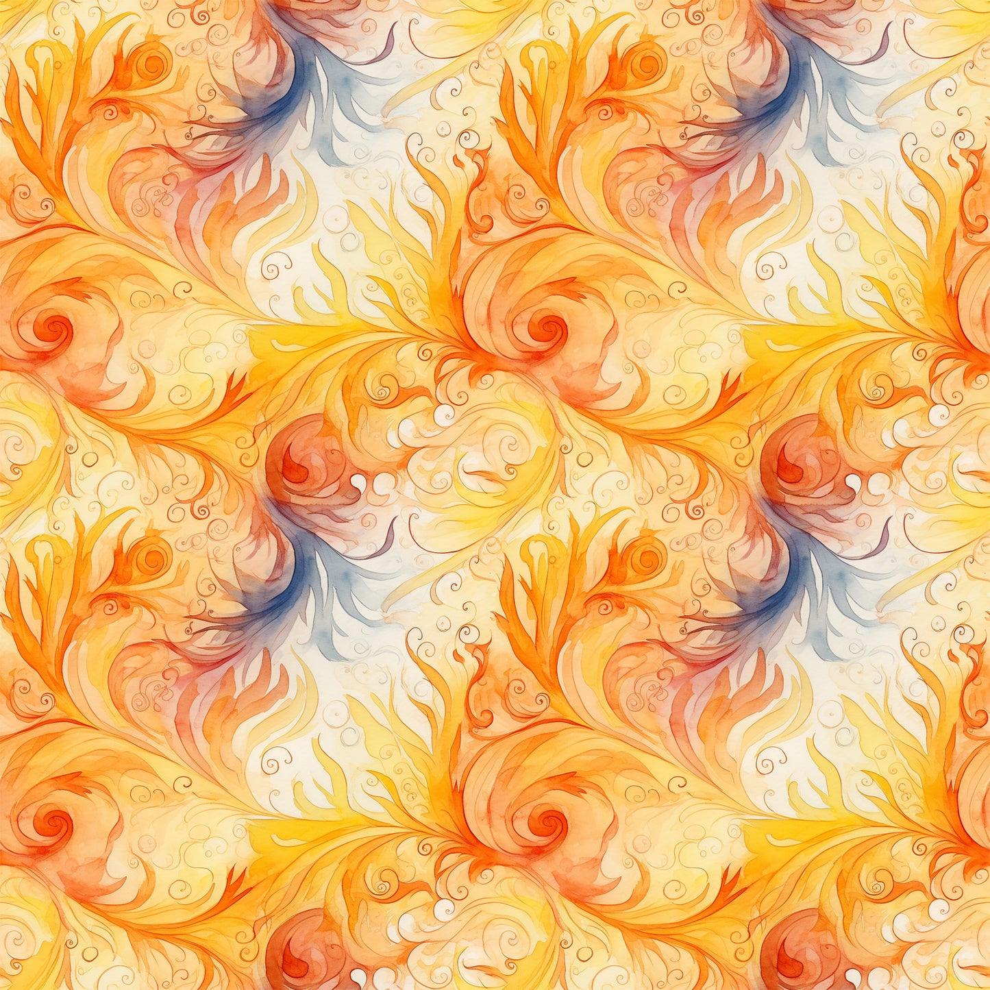 orange, yellow, peach, cream, blue accents, swirls, spirals, flowing curves, ornate scrollwork, autumn leaves, decorative flourishes, warm tones, watercolor style, elegant pattern, quilting cotton, fabric panel, fall theme, botanical motifs, seamless repeat, artistic swirls