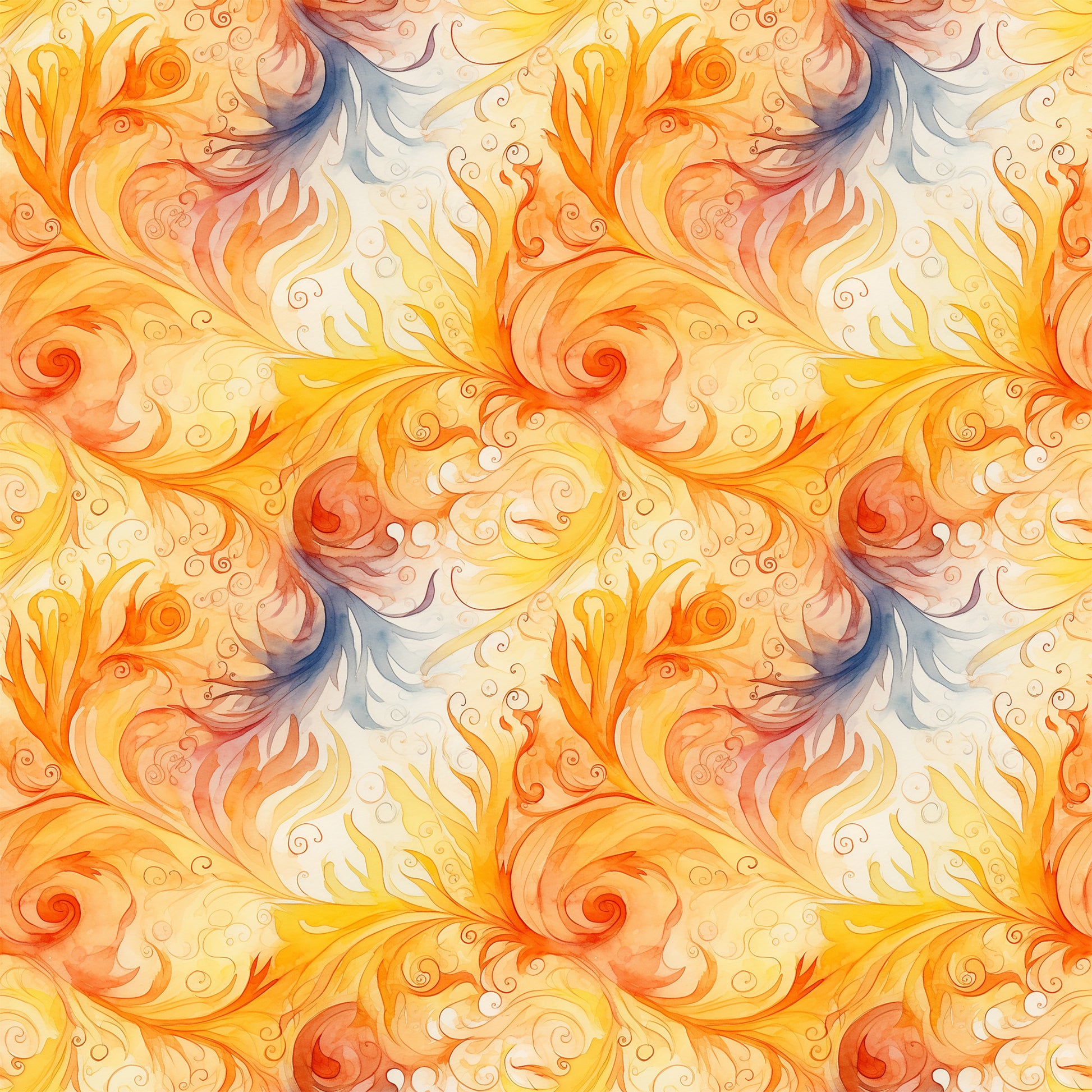 orange, yellow, peach, cream, blue accents, swirls, spirals, flowing curves, ornate scrollwork, autumn leaves, decorative flourishes, warm tones, watercolor style, elegant pattern, quilting cotton, fabric panel, fall theme, botanical motifs, seamless repeat, artistic swirls
