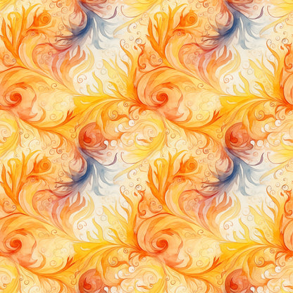 orange, yellow, peach, cream, blue accents, swirls, spirals, flowing curves, ornate scrollwork, autumn leaves, decorative flourishes, warm tones, watercolor style, elegant pattern, quilting cotton, fabric panel, fall theme, botanical motifs, seamless repeat, artistic swirls