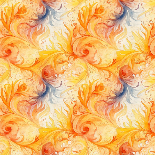 orange, yellow, peach, cream, blue accents, swirls, spirals, flowing curves, ornate scrollwork, autumn leaves, decorative flourishes, warm tones, watercolor style, elegant pattern, quilting cotton, fabric panel, fall theme, botanical motifs, seamless repeat, artistic swirls