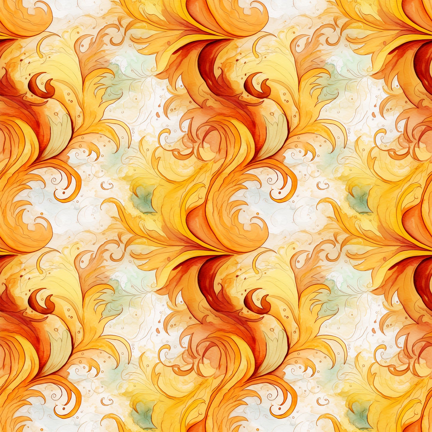 autumn swirls, orange, yellow, red, golden, cream, flowing curves, spiral patterns, ornate scrollwork, decorative flourishes, warm colors, fall theme, seamless repeat, quilting cotton, fabric panel, watercolor style, elegant swirls, filigree design, continuous pattern, seasonal motifs