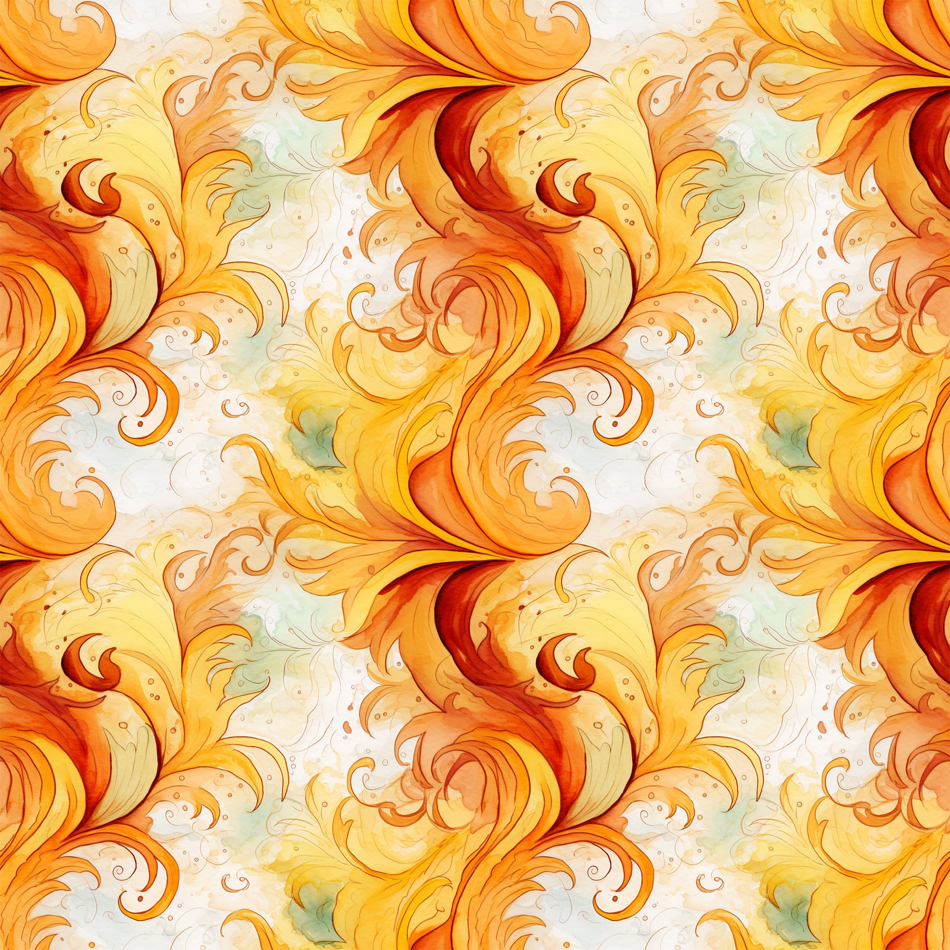 autumn swirls, orange, yellow, red, golden, cream, flowing curves, spiral patterns, ornate scrollwork, decorative flourishes, warm colors, fall theme, seamless repeat, quilting cotton, fabric panel, watercolor style, elegant swirls, filigree design, continuous pattern, seasonal motifs