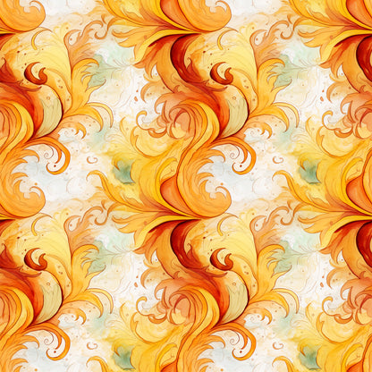 autumn swirls, orange, yellow, red, golden, cream, flowing curves, spiral patterns, ornate scrollwork, decorative flourishes, warm colors, fall theme, seamless repeat, quilting cotton, fabric panel, watercolor style, elegant swirls, filigree design, continuous pattern, seasonal motifs