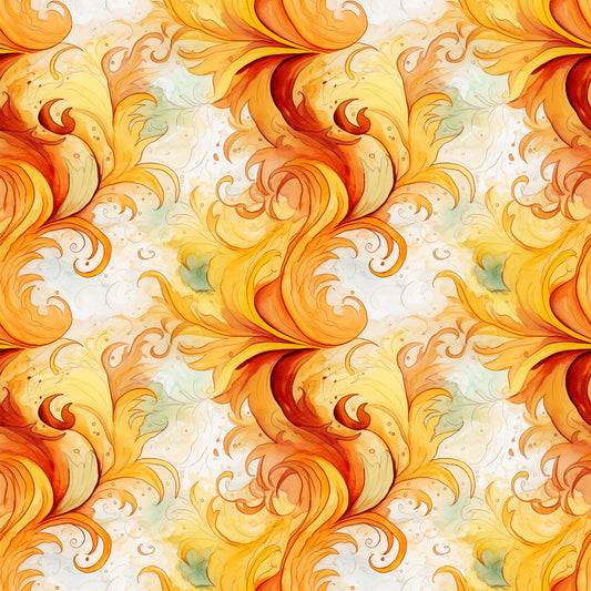 autumn swirls, orange, yellow, red, golden, cream, flowing curves, spiral patterns, ornate scrollwork, decorative flourishes, warm colors, fall theme, seamless repeat, quilting cotton, fabric panel, watercolor style, elegant swirls, filigree design, continuous pattern, seasonal motifs