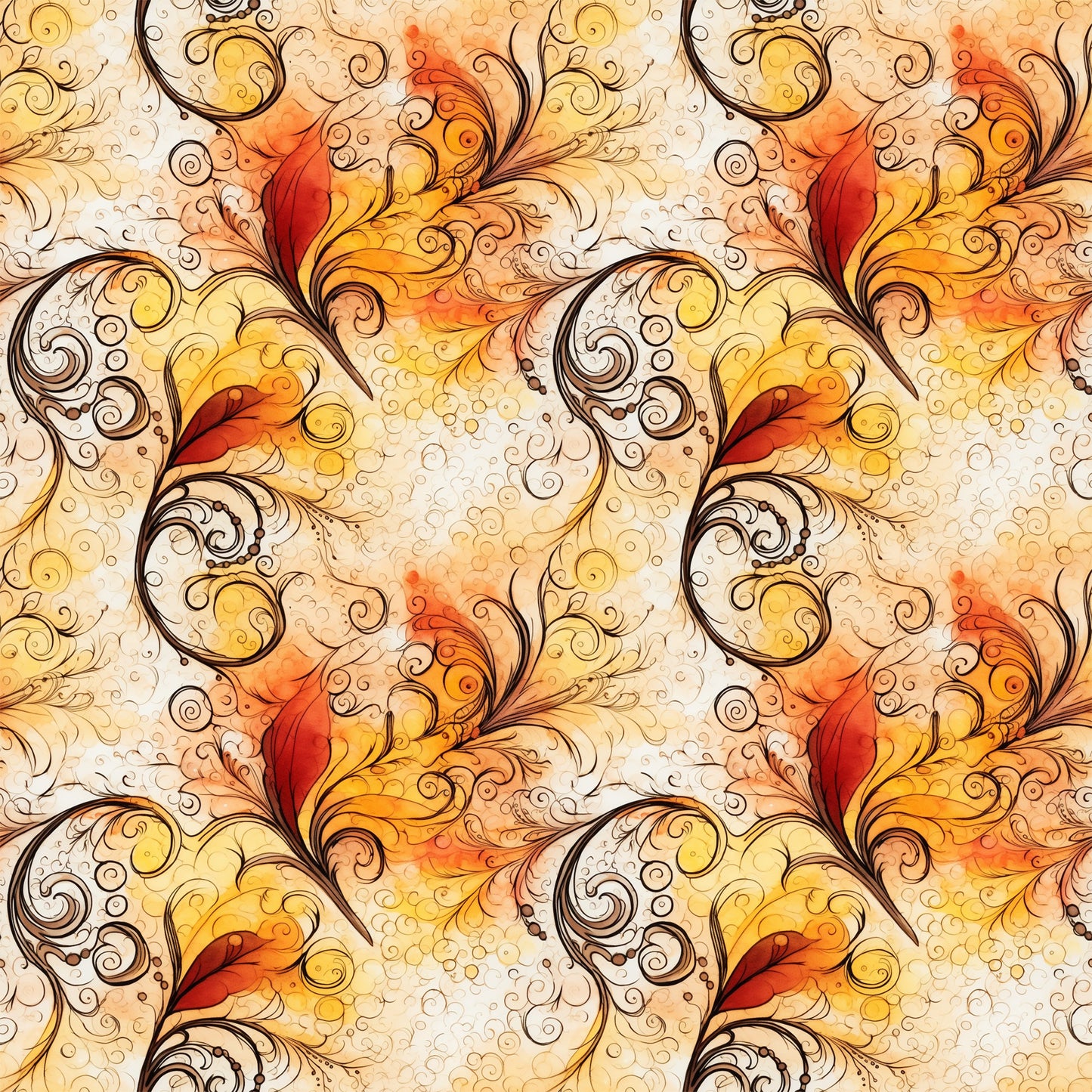 autumn colors, swirls, scrollwork, ornate flourishes, warm orange, golden yellow, deep red, cream background, decorative spirals, flowing curves, baroque style, elegant swirls, fall themed, seamless pattern, quilting cotton, fabric panel, ornamental design, filigree motifs, warm tones, continuous repeat