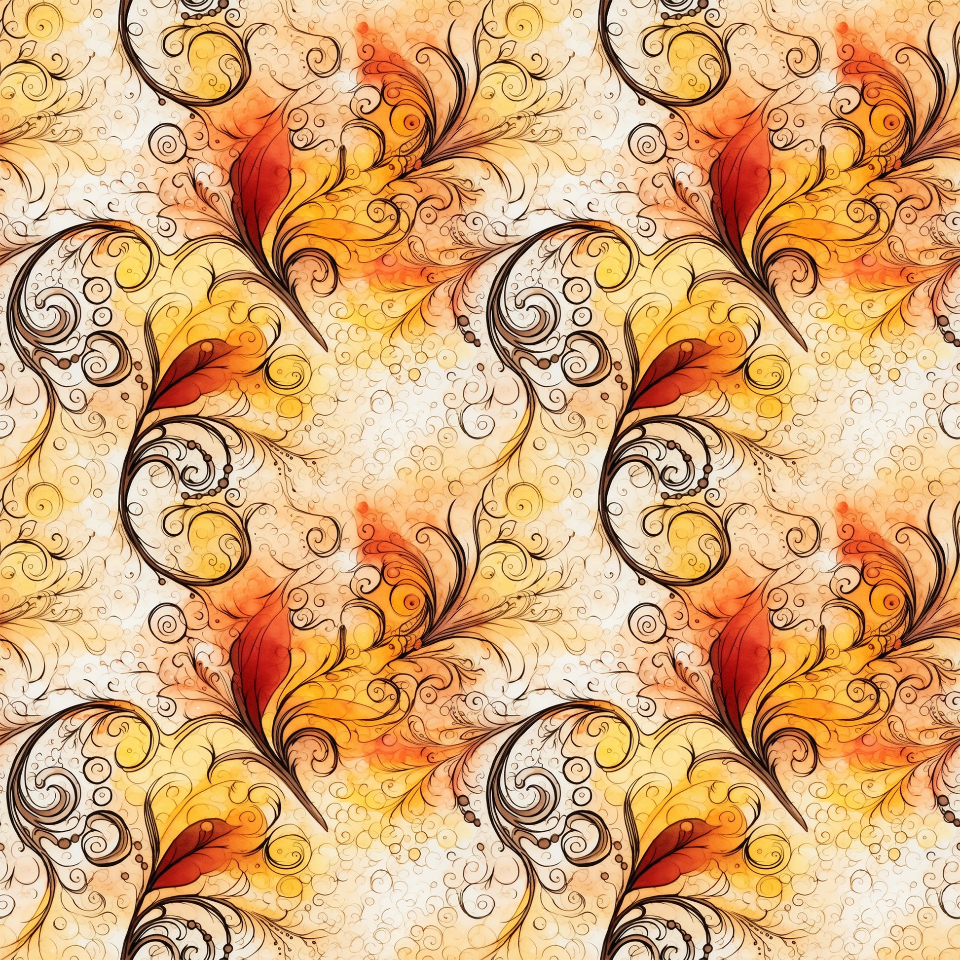 autumn colors, swirls, scrollwork, ornate flourishes, warm orange, golden yellow, deep red, cream background, decorative spirals, flowing curves, baroque style, elegant swirls, fall themed, seamless pattern, quilting cotton, fabric panel, ornamental design, filigree motifs, warm tones, continuous repeat