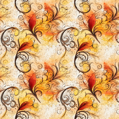 autumn colors, swirls, scrollwork, ornate flourishes, warm orange, golden yellow, deep red, cream background, decorative spirals, flowing curves, baroque style, elegant swirls, fall themed, seamless pattern, quilting cotton, fabric panel, ornamental design, filigree motifs, warm tones, continuous repeat
