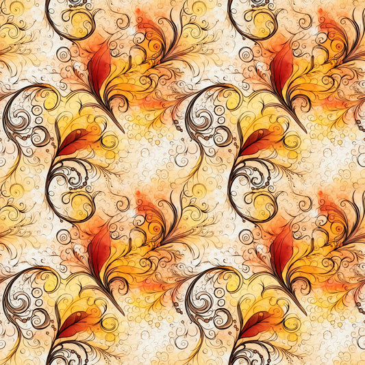 autumn colors, swirls, scrollwork, ornate flourishes, warm orange, golden yellow, deep red, cream background, decorative spirals, flowing curves, baroque style, elegant swirls, fall themed, seamless pattern, quilting cotton, fabric panel, ornamental design, filigree motifs, warm tones, continuous repeat