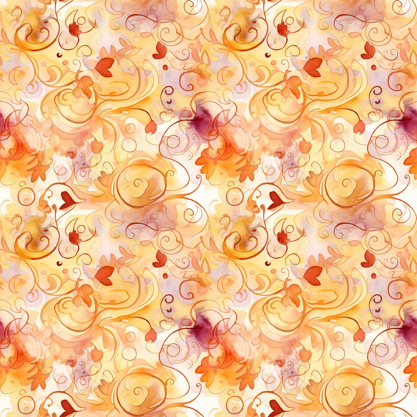 autumn leaves, swirls, orange, red, yellow, burgundy, watercolor style, flowing curves, scrollwork, fall foliage, warm tones, ornamental design, decorative swirls, leaf motifs, seasonal pattern, quilting cotton, fabric panel, whimsical, organic shapes, repeating pattern