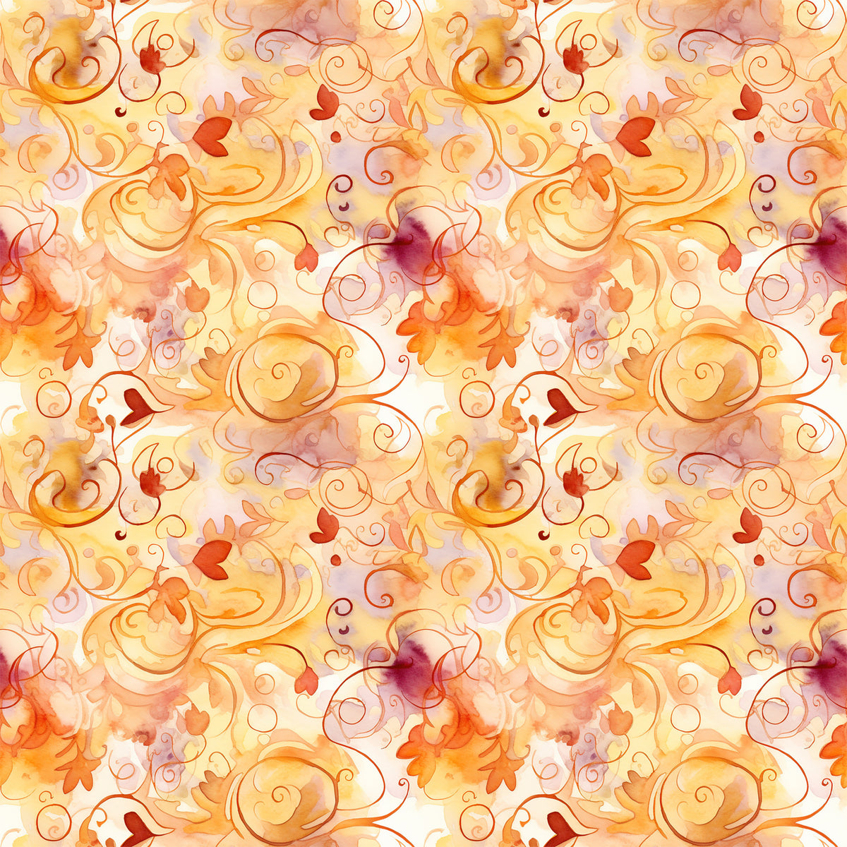 autumn leaves, swirls, orange, red, yellow, burgundy, watercolor style, flowing curves, scrollwork, fall foliage, warm tones, ornamental design, decorative swirls, leaf motifs, seasonal pattern, quilting cotton, fabric panel, whimsical, organic shapes, repeating pattern