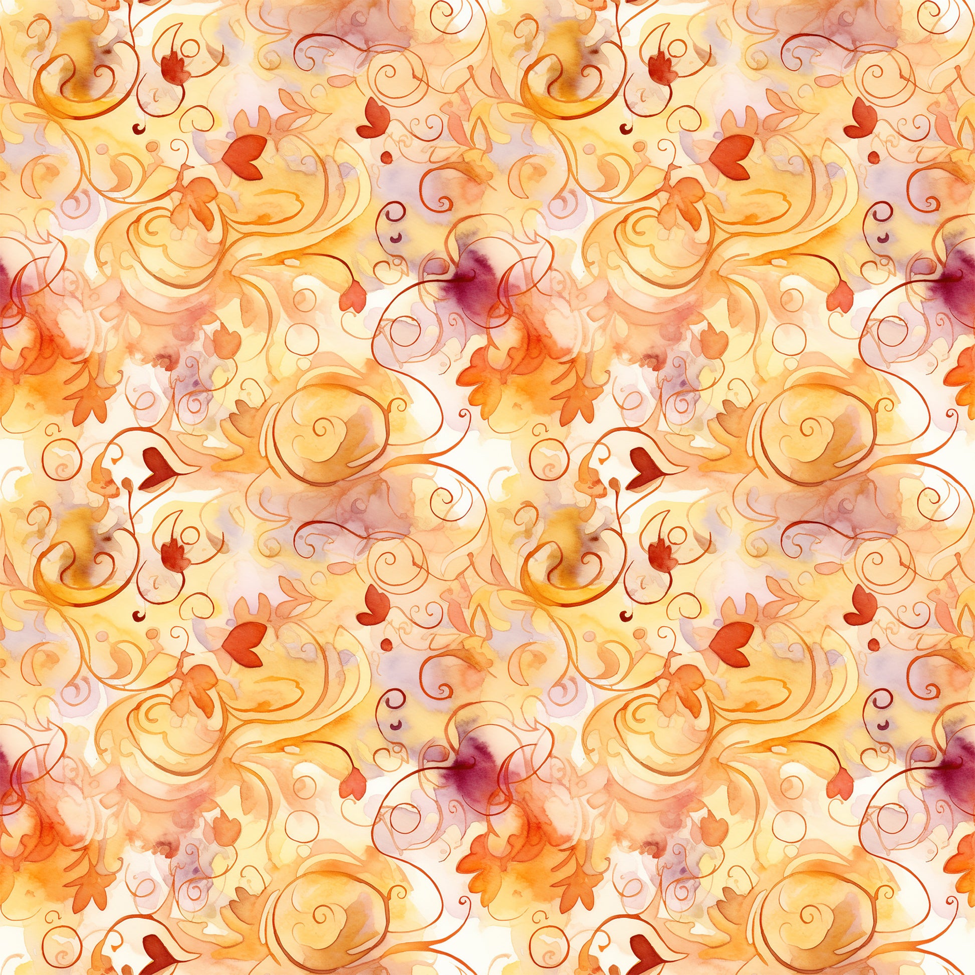 autumn leaves, swirls, orange, red, yellow, burgundy, watercolor style, flowing curves, scrollwork, fall foliage, warm tones, ornamental design, decorative swirls, leaf motifs, seasonal pattern, quilting cotton, fabric panel, whimsical, organic shapes, repeating pattern