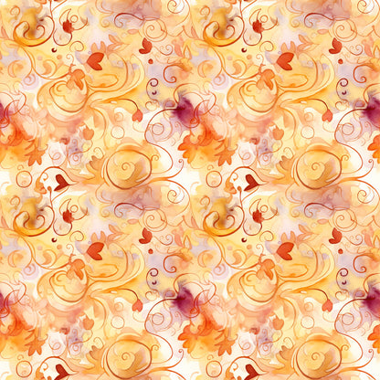 autumn leaves, swirls, orange, red, yellow, burgundy, watercolor style, flowing curves, scrollwork, fall foliage, warm tones, ornamental design, decorative swirls, leaf motifs, seasonal pattern, quilting cotton, fabric panel, whimsical, organic shapes, repeating pattern