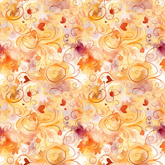 autumn leaves, swirls, orange, red, yellow, burgundy, watercolor style, flowing curves, scrollwork, fall foliage, warm tones, ornamental design, decorative swirls, leaf motifs, seasonal pattern, quilting cotton, fabric panel, whimsical, organic shapes, repeating pattern