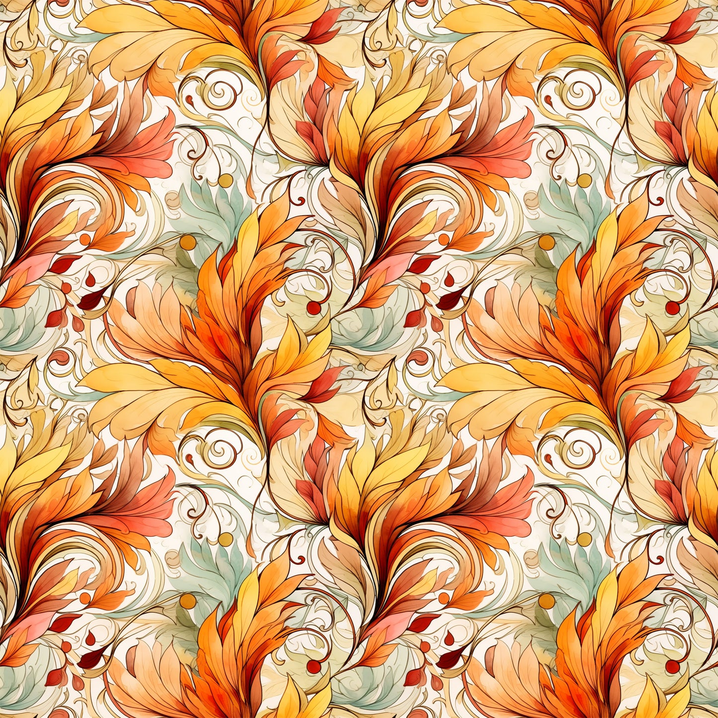autumn leaves, swirl pattern, orange fabric, golden yellow, coral pink, sage green, cream background, flowing design, ornate scrollwork, decorative flourishes, quilting cotton, fabric panel, fall colors, botanical motifs, elegant swirls, warm tones, artistic pattern, seasonal fabric, curved elements, nature inspired