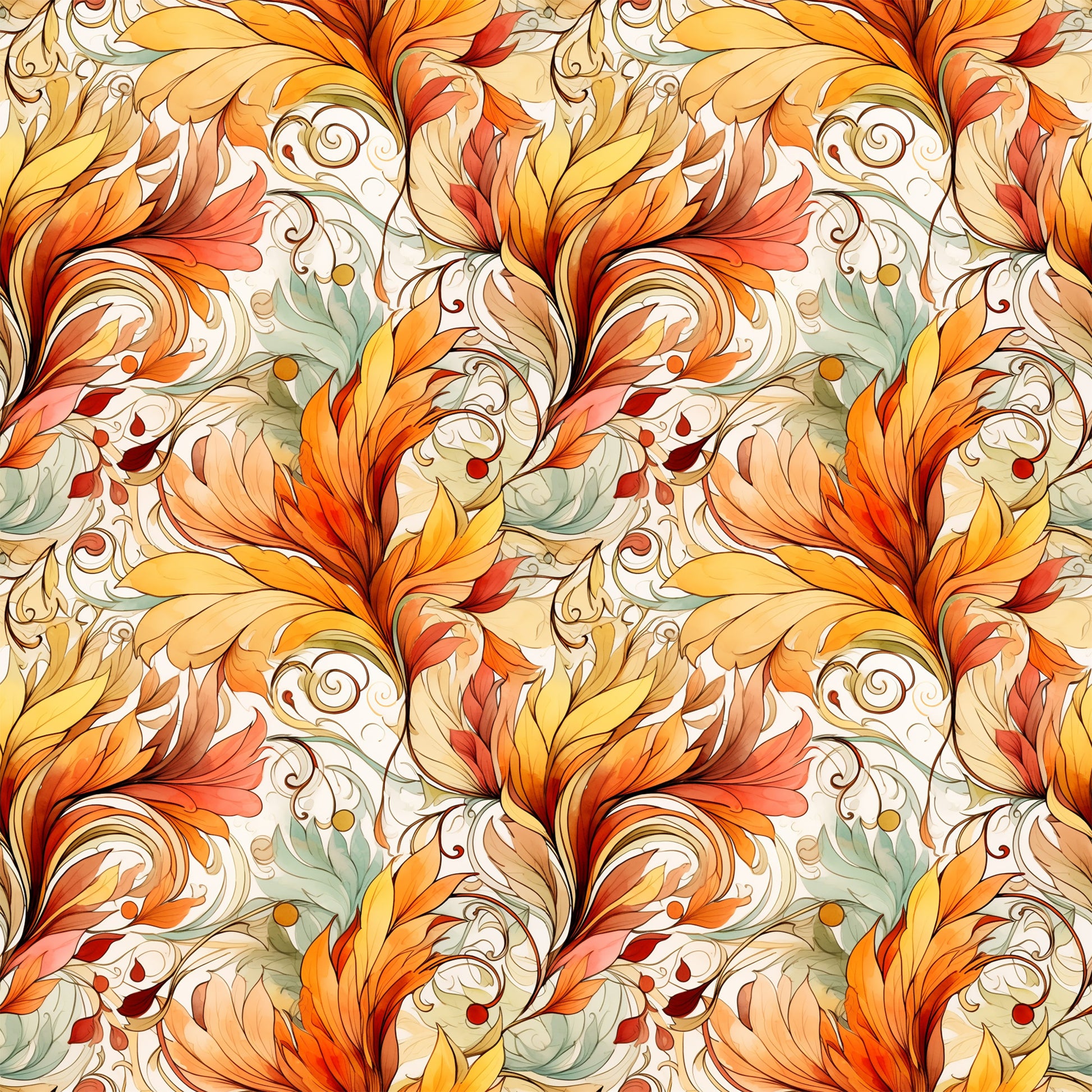 autumn leaves, swirl pattern, orange fabric, golden yellow, coral pink, sage green, cream background, flowing design, ornate scrollwork, decorative flourishes, quilting cotton, fabric panel, fall colors, botanical motifs, elegant swirls, warm tones, artistic pattern, seasonal fabric, curved elements, nature inspired