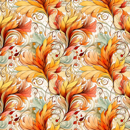 autumn leaves, swirl pattern, orange fabric, golden yellow, coral pink, sage green, cream background, flowing design, ornate scrollwork, decorative flourishes, quilting cotton, fabric panel, fall colors, botanical motifs, elegant swirls, warm tones, artistic pattern, seasonal fabric, curved elements, nature inspired