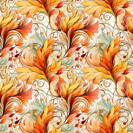 autumn leaves, swirl pattern, orange fabric, golden yellow, coral pink, sage green, cream background, flowing design, ornate scrollwork, decorative flourishes, quilting cotton, fabric panel, fall colors, botanical motifs, elegant swirls, warm tones, artistic pattern, seasonal fabric, curved elements, nature inspired
