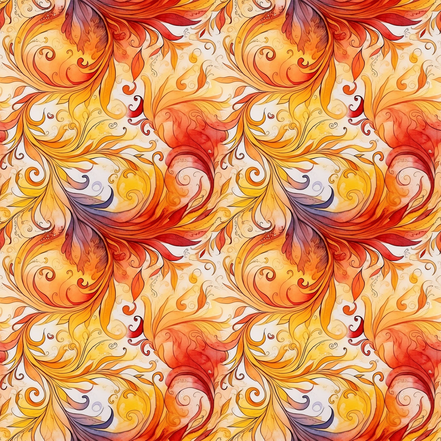 autumn swirls, orange, red, yellow, burgundy, cream, flowing pattern, ornate scrollwork, decorative flourishes, baroque style, filigree design, warm tones, gradient colors, seamless repeat, quilting cotton, fabric panel, fall colors, elegant curves, ornamental motifs, swirling leaves