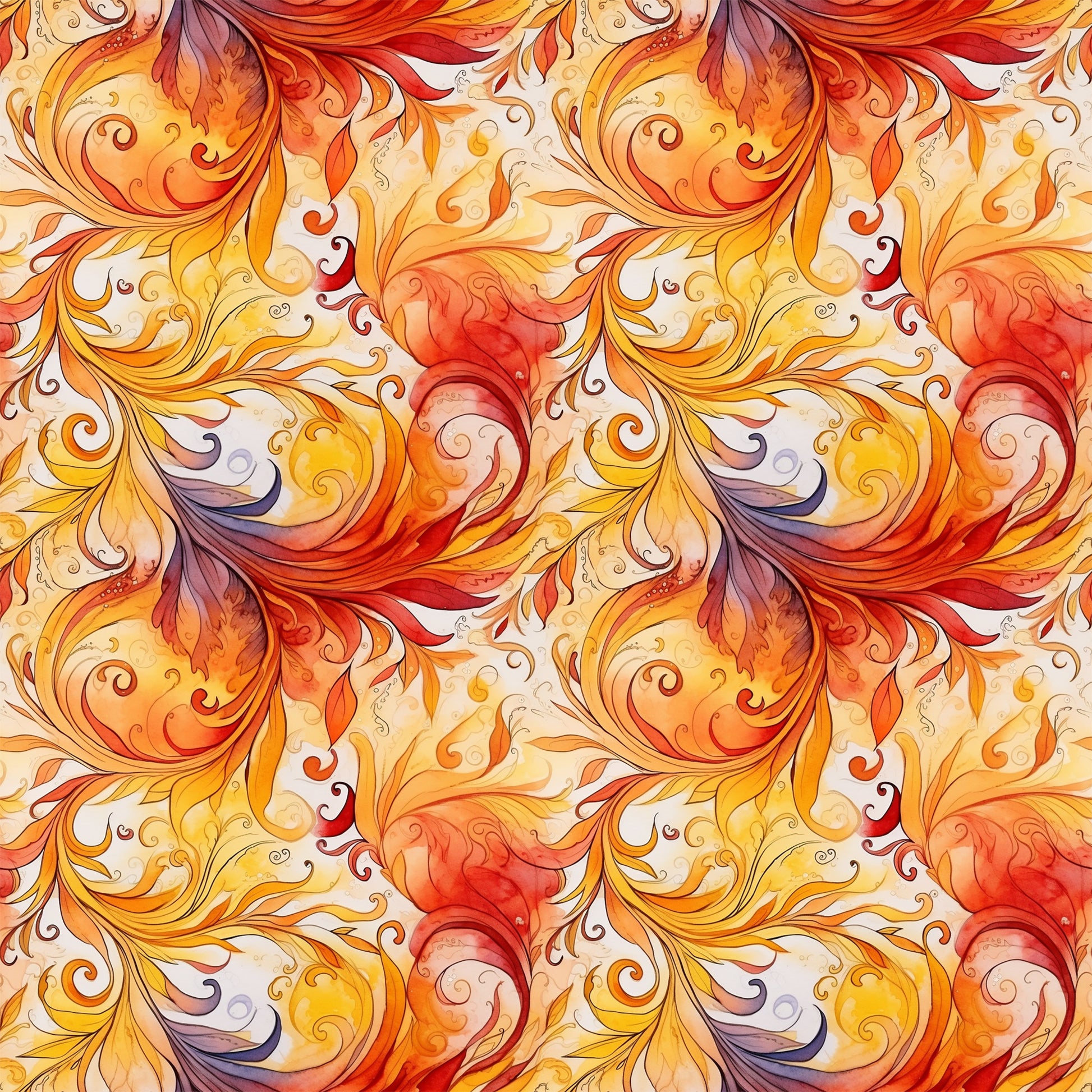 autumn swirls, orange, red, yellow, burgundy, cream, flowing pattern, ornate scrollwork, decorative flourishes, baroque style, filigree design, warm tones, gradient colors, seamless repeat, quilting cotton, fabric panel, fall colors, elegant curves, ornamental motifs, swirling leaves