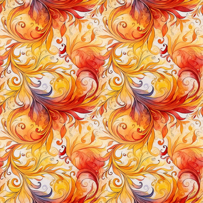 autumn swirls, orange, red, yellow, burgundy, cream, flowing pattern, ornate scrollwork, decorative flourishes, baroque style, filigree design, warm tones, gradient colors, seamless repeat, quilting cotton, fabric panel, fall colors, elegant curves, ornamental motifs, swirling leaves