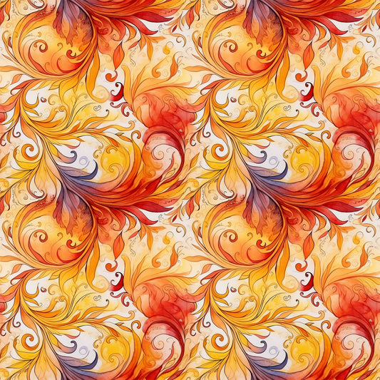 autumn swirls, orange, red, yellow, burgundy, cream, flowing pattern, ornate scrollwork, decorative flourishes, baroque style, filigree design, warm tones, gradient colors, seamless repeat, quilting cotton, fabric panel, fall colors, elegant curves, ornamental motifs, swirling leaves