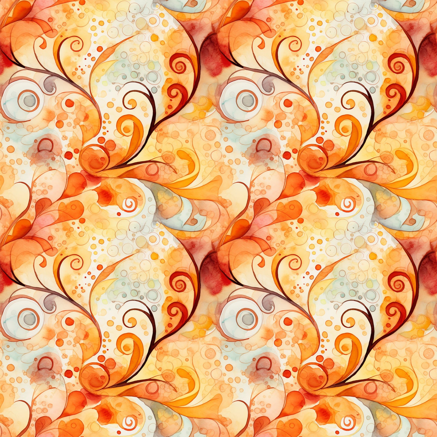 autumn swirls, orange, rust, yellow, cream, watercolor effect, spiral patterns, circular motifs, dots, bubbles, flowing design, abstract art, warm tones, seasonal fabric, quilting cotton, fabric panel, whimsical style, organic shapes, fall colors, repetitive pattern